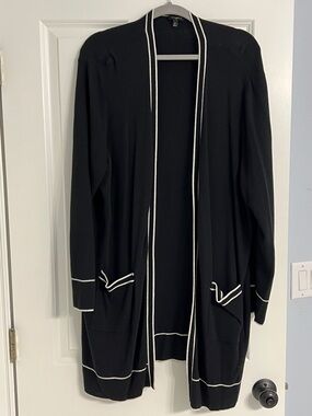 Talbots Black Open-Front Long Cardigan with White Trim Accents